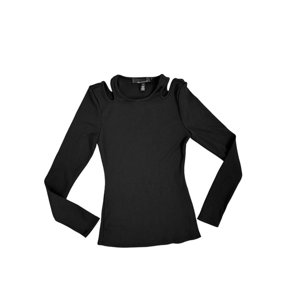 White House Black Market Long Sleeve Black Ribbed Shirt Cutout Sleeves XS